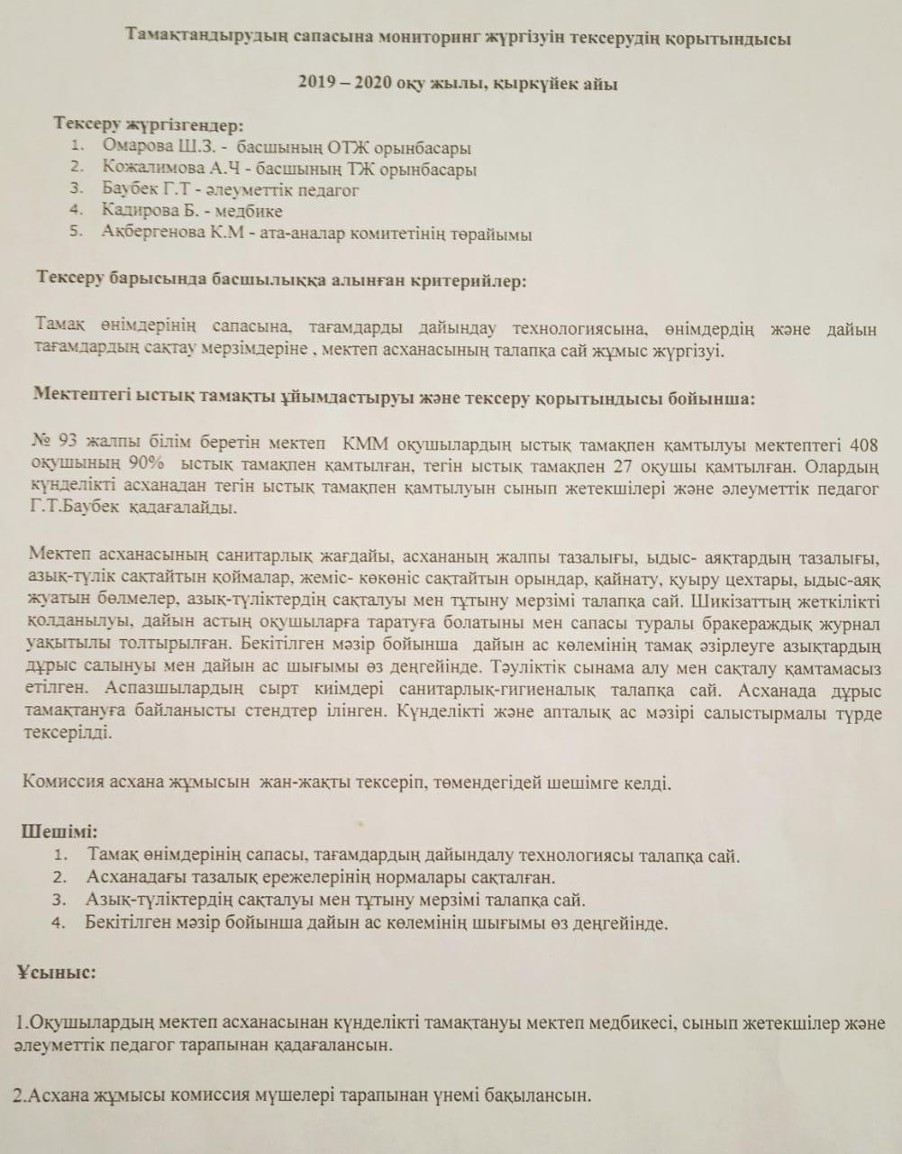 Тамақтандырудың сапасына мониторинг жүргізуін тексерудің қорытындысы