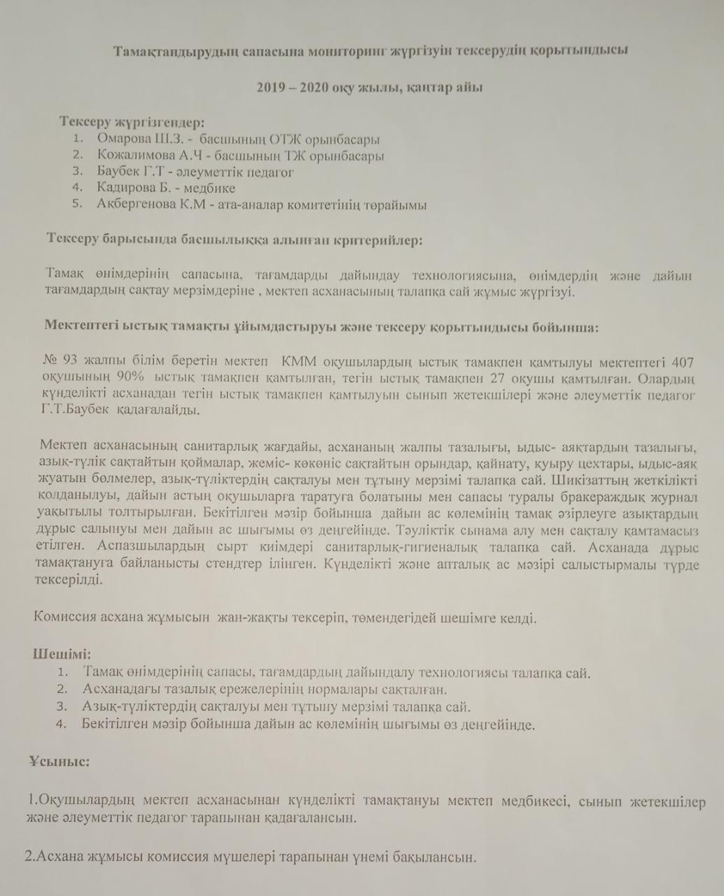 Тамақтандырудың сапасына мониторинг жүргізуін тексерудің қорытындысы