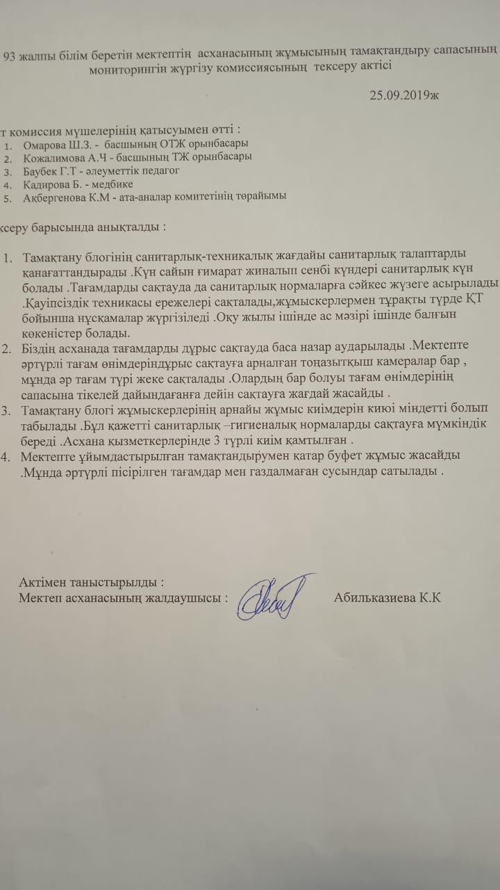 Тамақтандырудың сапасына мониторинг жүргізуін тексеру актілері