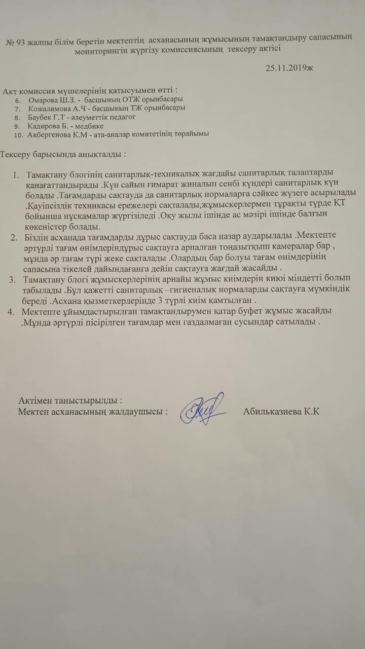 Тамақтандырудың сапасына мониторинг жүргізуін тексеру актілері